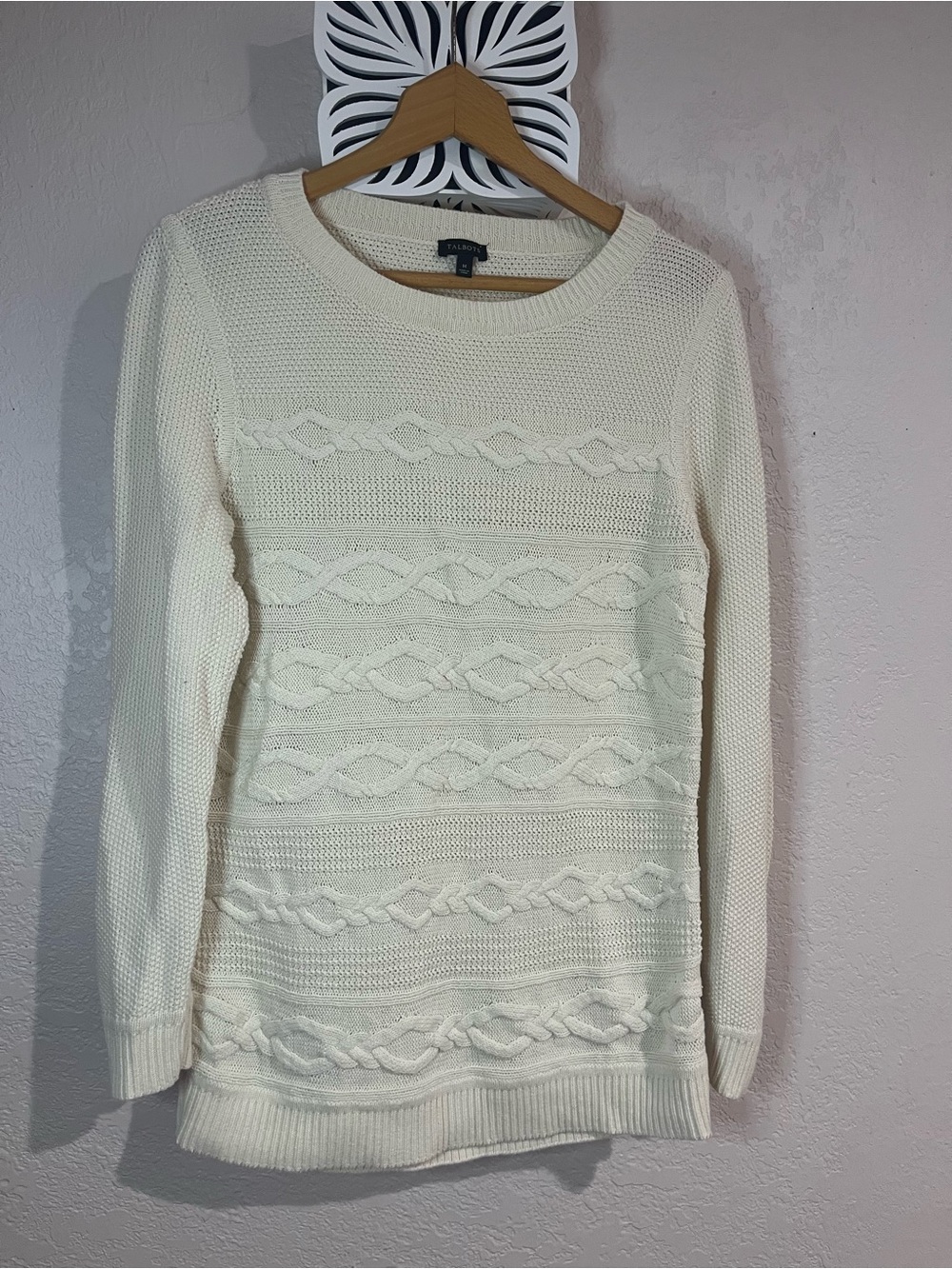 Talbots Ivory Cable Knit Crewneck Sweater